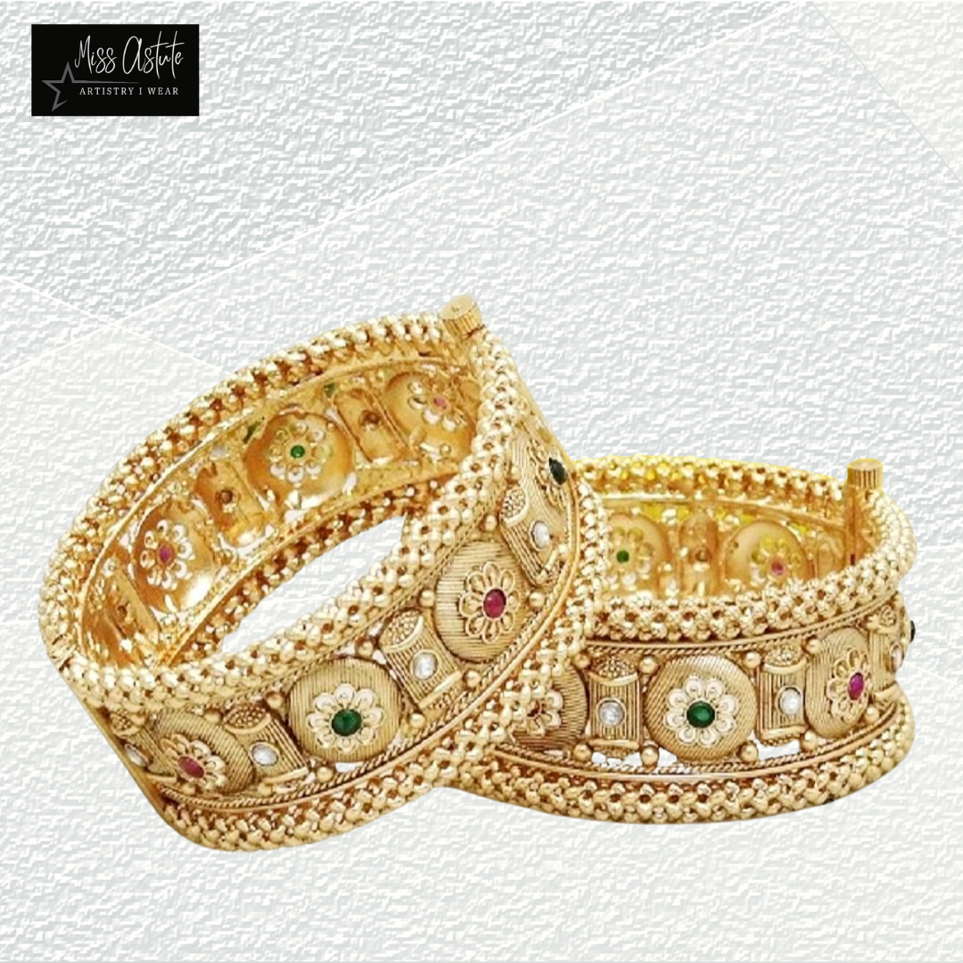 Traditional Floral Gold Bangles with Enamel Work