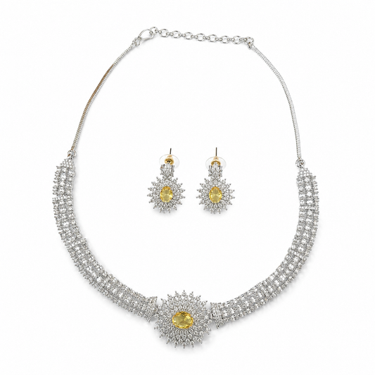 AAA American Diamond Filigree Lace Jaal Necklace Set | Rhodium Plated Brass CZ Bridal Jewellery Set | Statement AD Necklace with Earrings