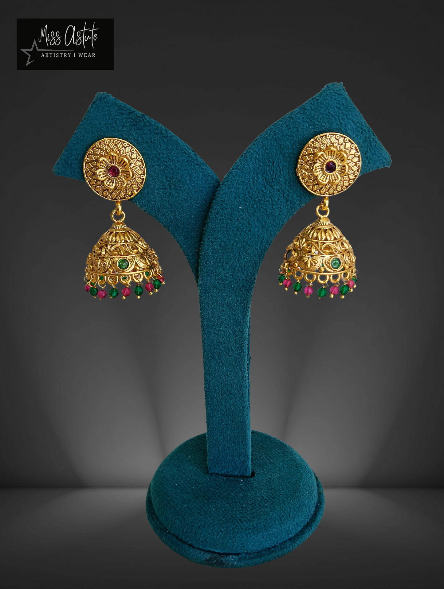 Traditional Gold- Toned Jhumka with Colored Beads Accents