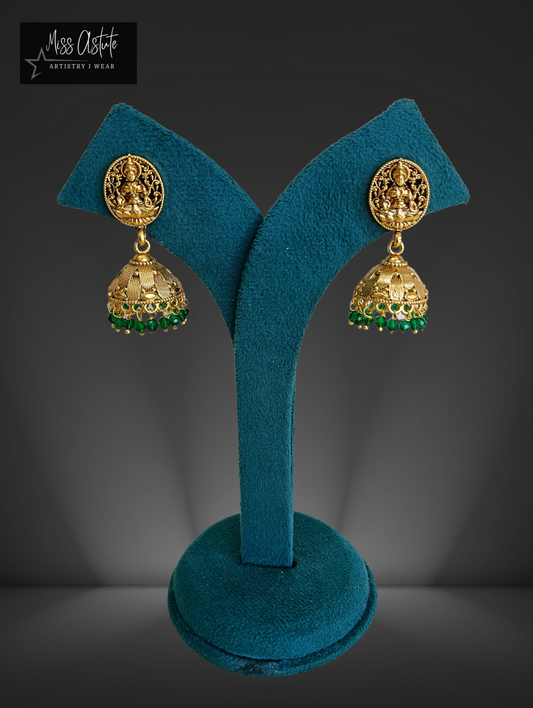 Gold-Toned Temple Jhumkas with Goddess Lakshmi Carving