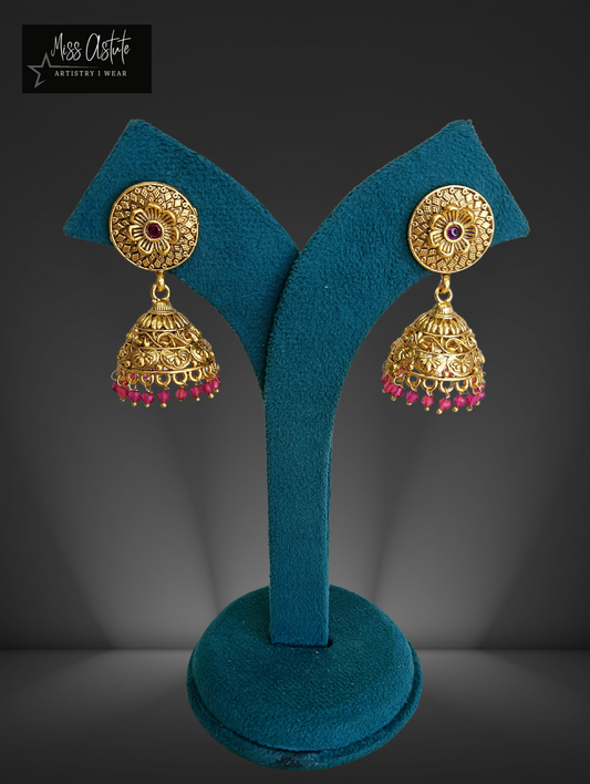 Traditional Gold- Toned Jhumka with Colored Beads Accents