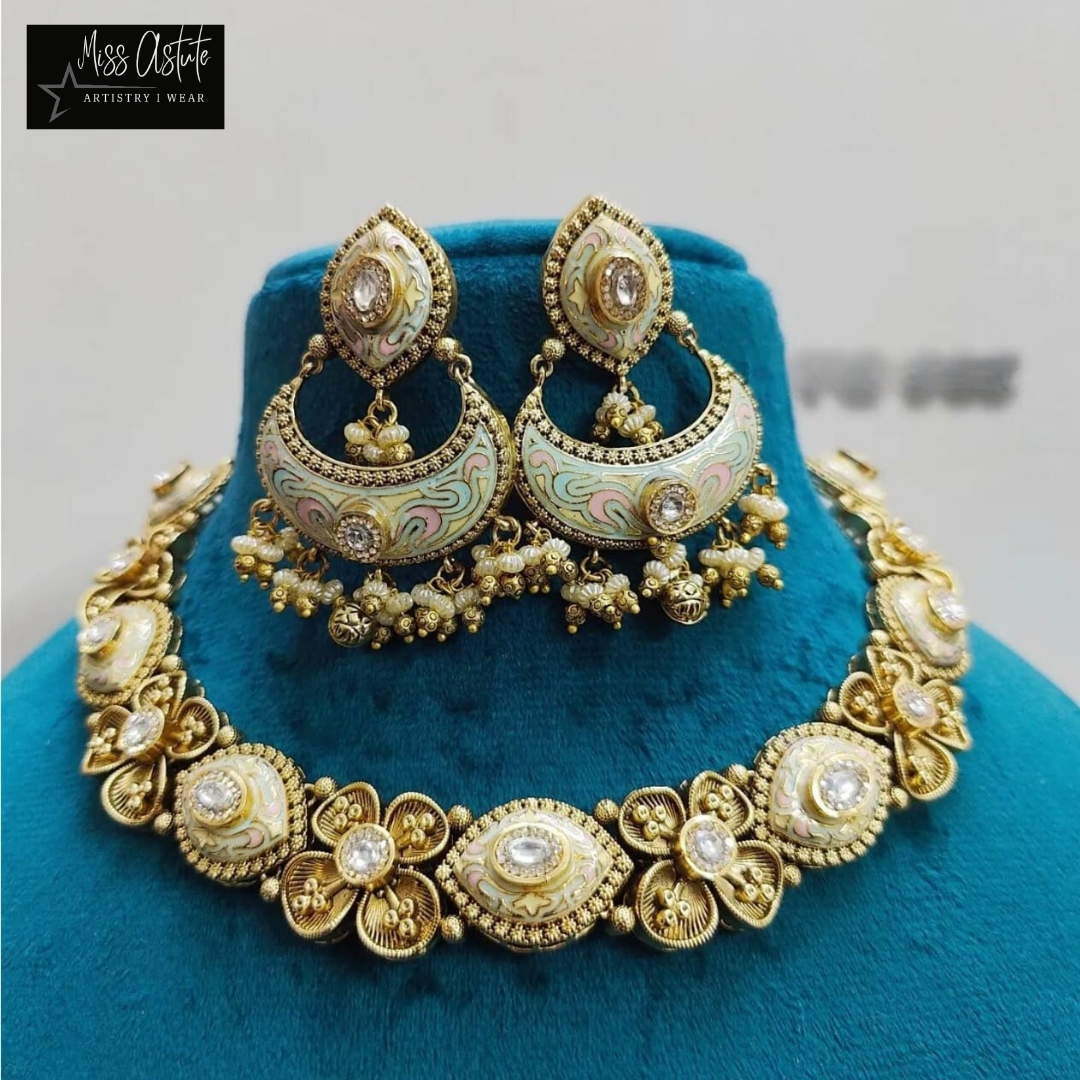 Elegant Floral Kundan Necklace Set with Crescent Moon Earrings