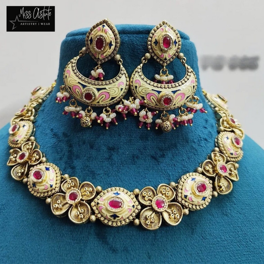 Elegant Floral Kundan Necklace Set with Crescent Moon Earrings