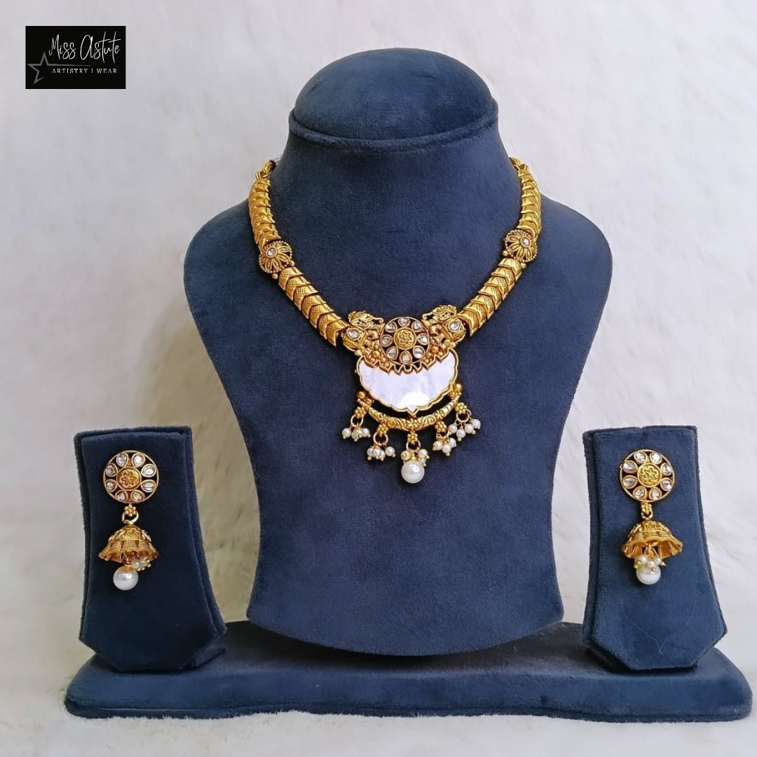 Antique Finish Gold-Plated Necklace Set with Pearls and Kundan Accents