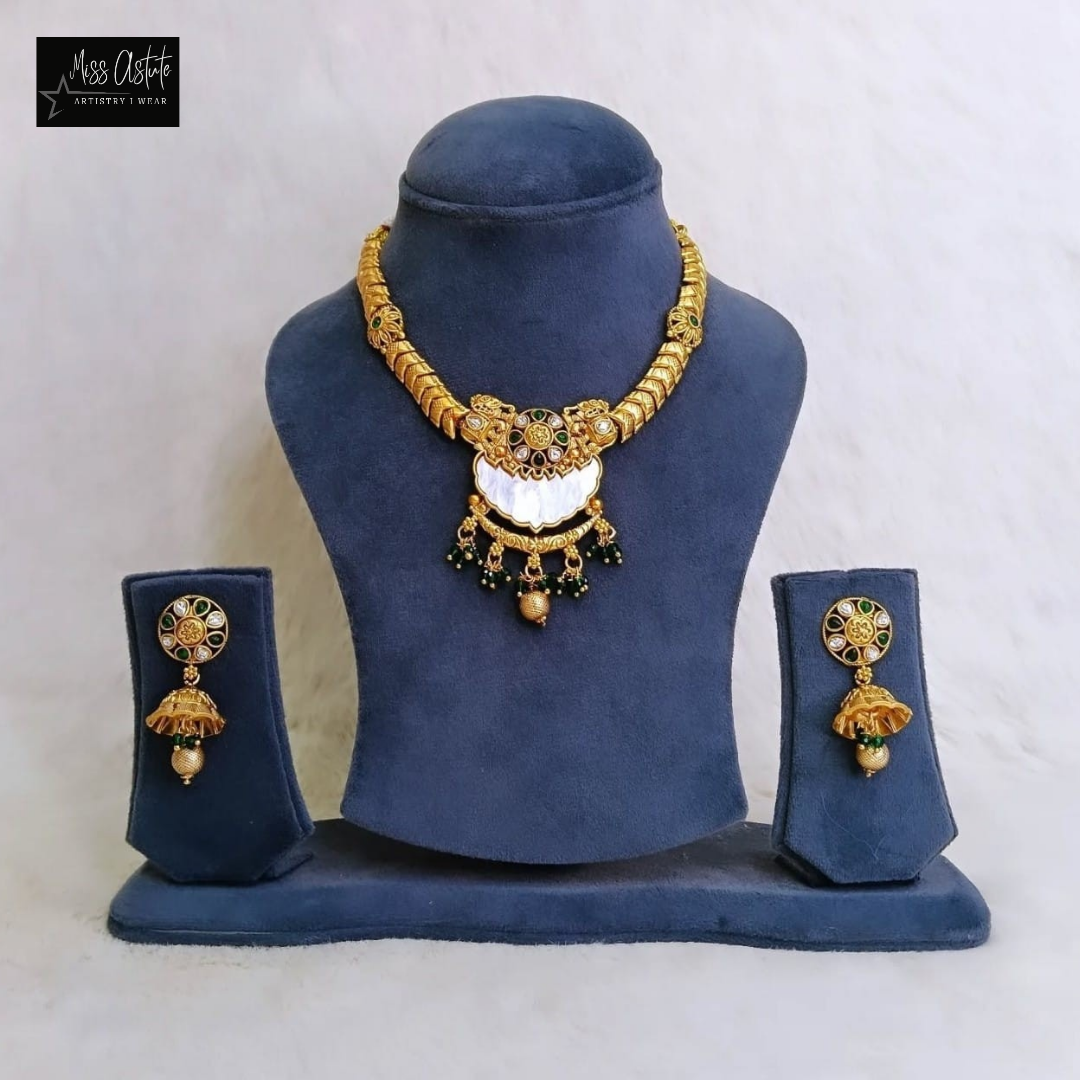 Antique Finish Gold-Plated Necklace Set with Pearls and Kundan Accents