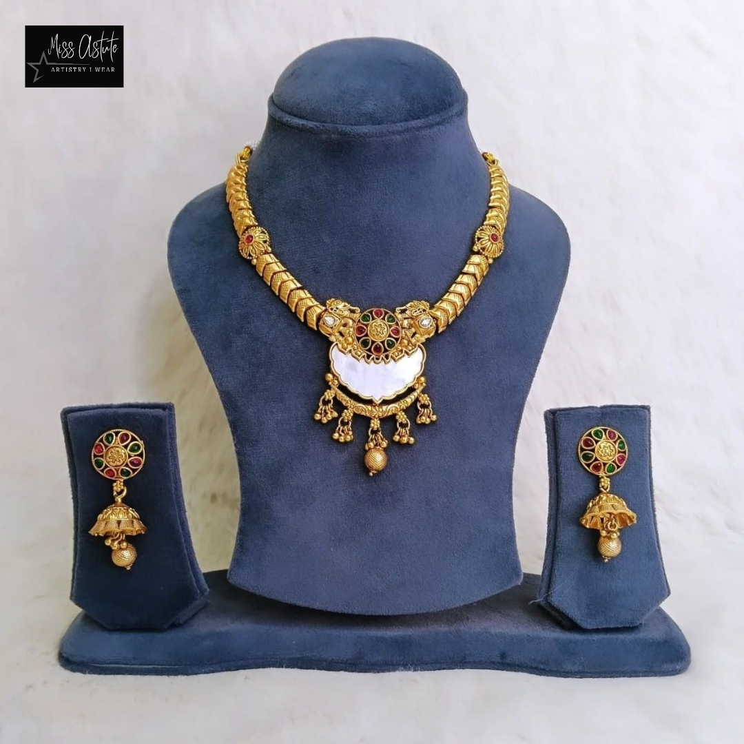 Antique Finish Gold-Plated Necklace Set with Pearls and Kundan Accents