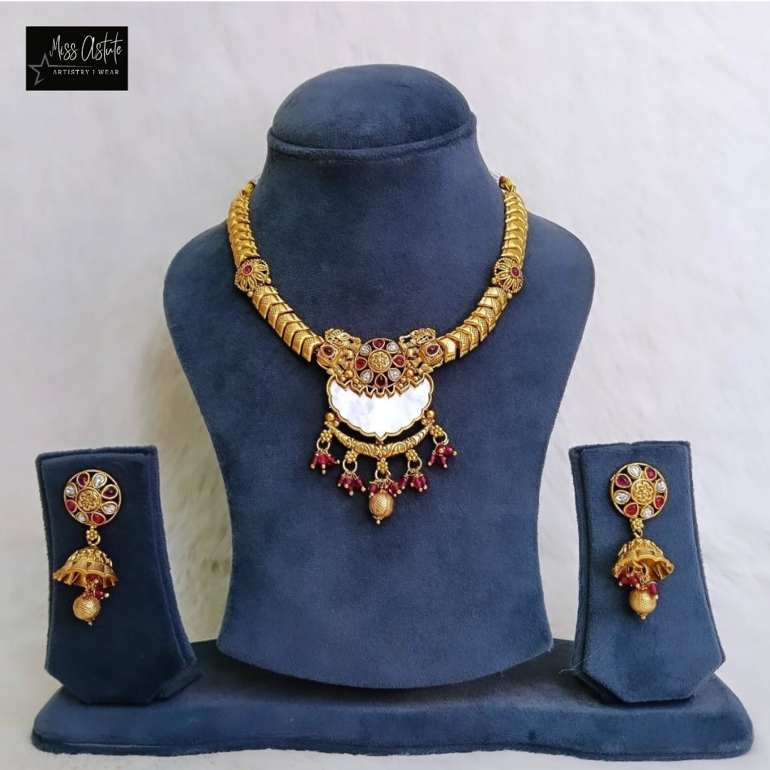 Antique Finish Gold-Plated Necklace Set with Pearls and Kundan Accents