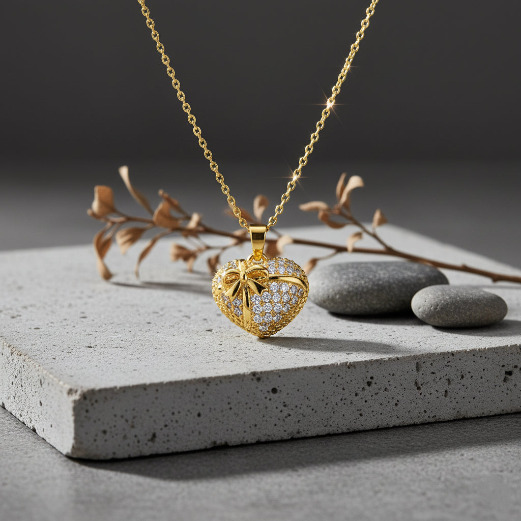 Bow Amour – Pave Heart Pendant Necklace
