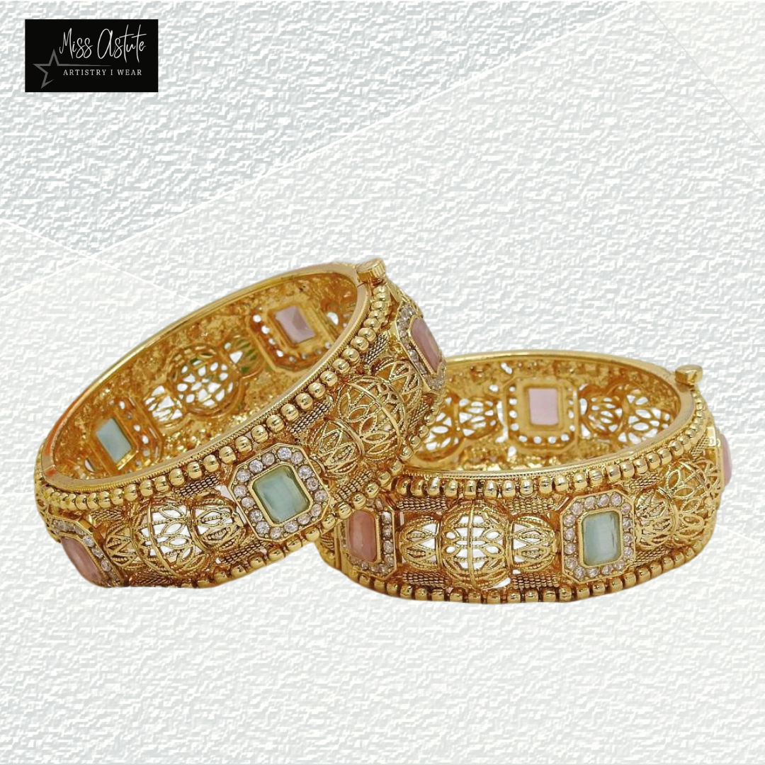 Exquisite Antique Gold-Plated Bangles with Pastel Stone Inlays