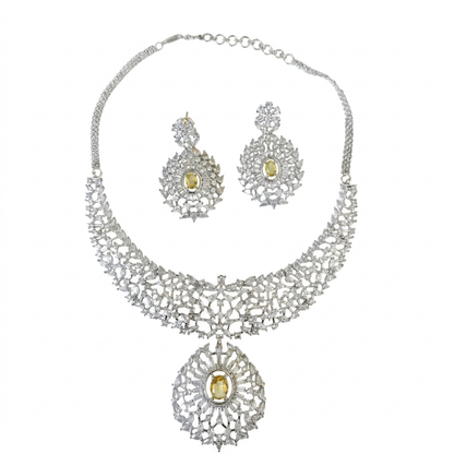 AAA American Diamond Classic CZ Cluster Choker Necklace Set | Rhodium Plated Brass Bridal Jewellery Set | AD Necklace with Earrings