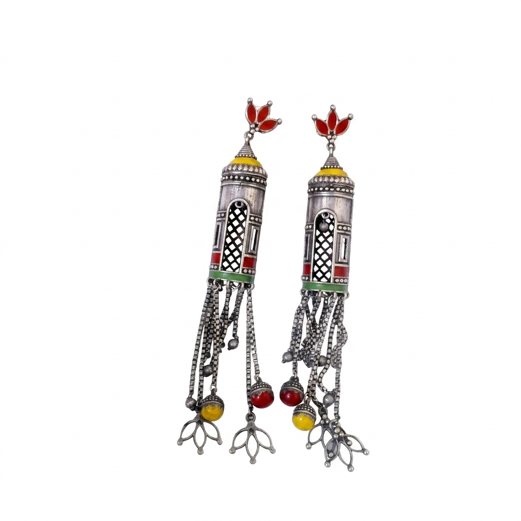 Enamel Cylinder Tassel Long Dangler Earrings | Oxidised Silver Plated Brass Meenakari Earrings | Tribal Boho Statement Earrings