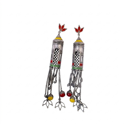 Enamel Cylinder Tassel Long Dangler Earrings | Oxidised Silver Plated Brass Meenakari Earrings | Tribal Boho Statement Earrings