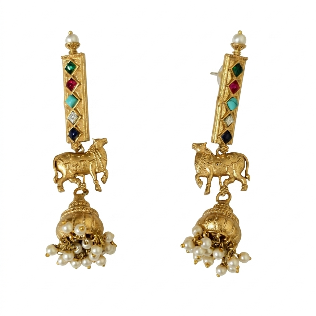 Kamdhenu Cow Navratna Bar Jhumka Long Dangler Earrings | Gold Plated Brass Temple Jewellery | Multicolour Stone Earrings for Women