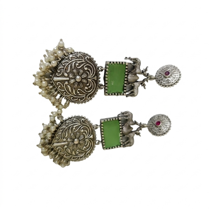 Deer Motif Stone Jhumka Long Dangler Earrings | Oxidised Silver Plated Brass Ethnic Earrings | Temple Folk Jewellery for Women