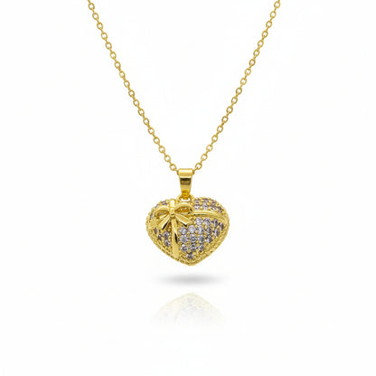 Bow Amour – Pave Heart Pendant Necklace