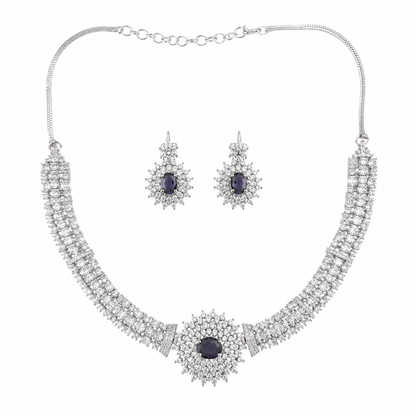 AAA American Diamond Filigree Lace Jaal Necklace Set | Rhodium Plated Brass CZ Bridal Jewellery Set | Statement AD Necklace with Earrings