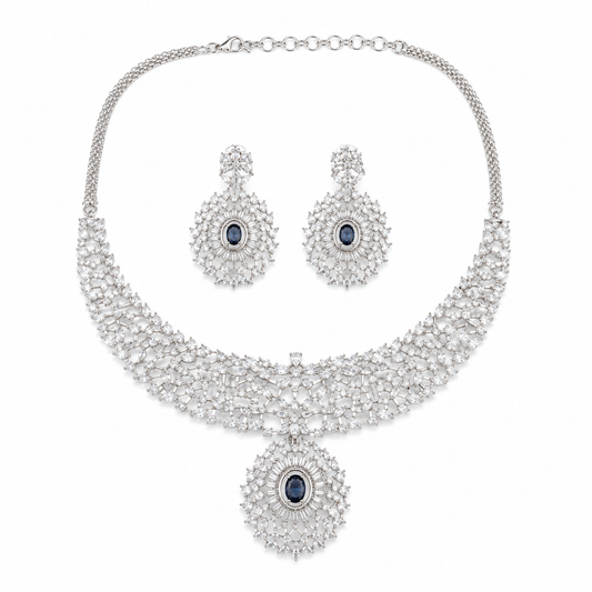 AAA American Diamond Classic CZ Cluster Choker Necklace Set | Rhodium Plated Brass Bridal Jewellery Set | AD Necklace with Earrings