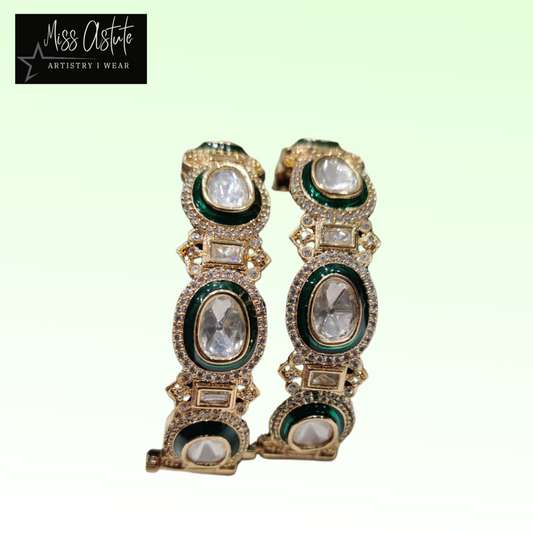 Green and White Kundan Meenakari Bangles