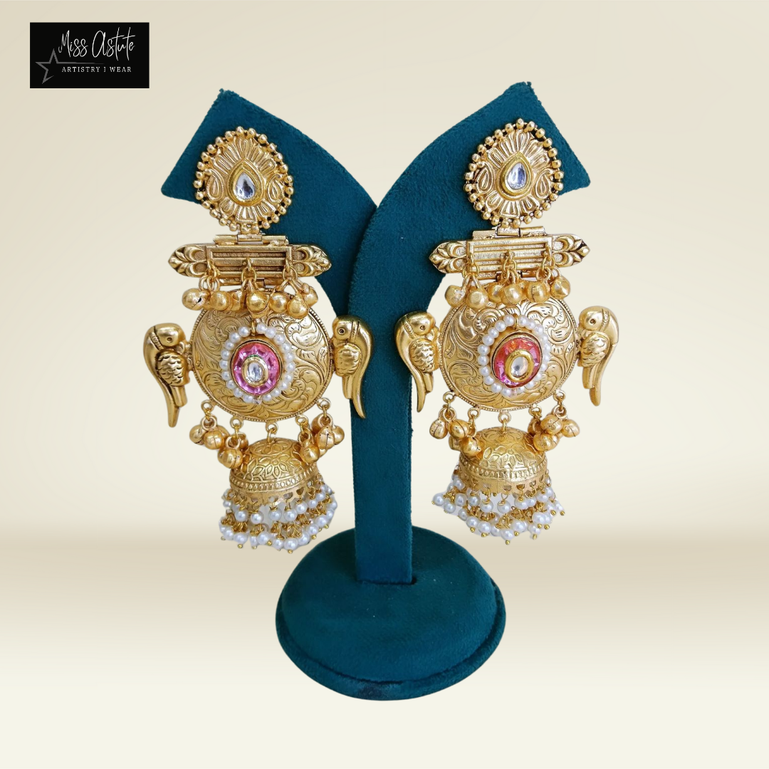 Royal Gold-Toned Jhumka Earrings with Parrot Motifs and Pearl Accents