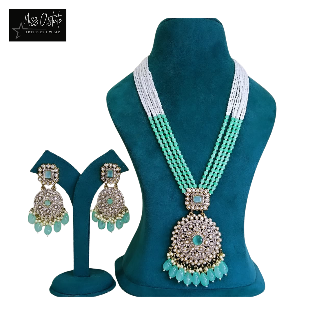 Multi-Strand Beaded Necklace with Kundan Pendant