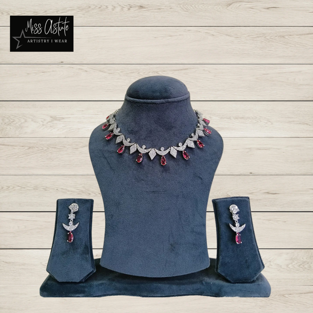 Ruby Red Stones and AD Statement Necklace Set