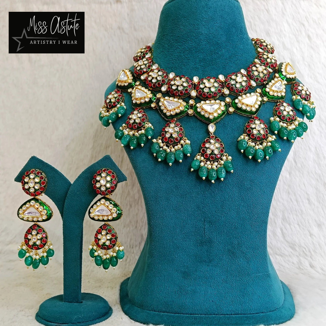 Grand Kundan Polki Choker Set with Emerald Beads