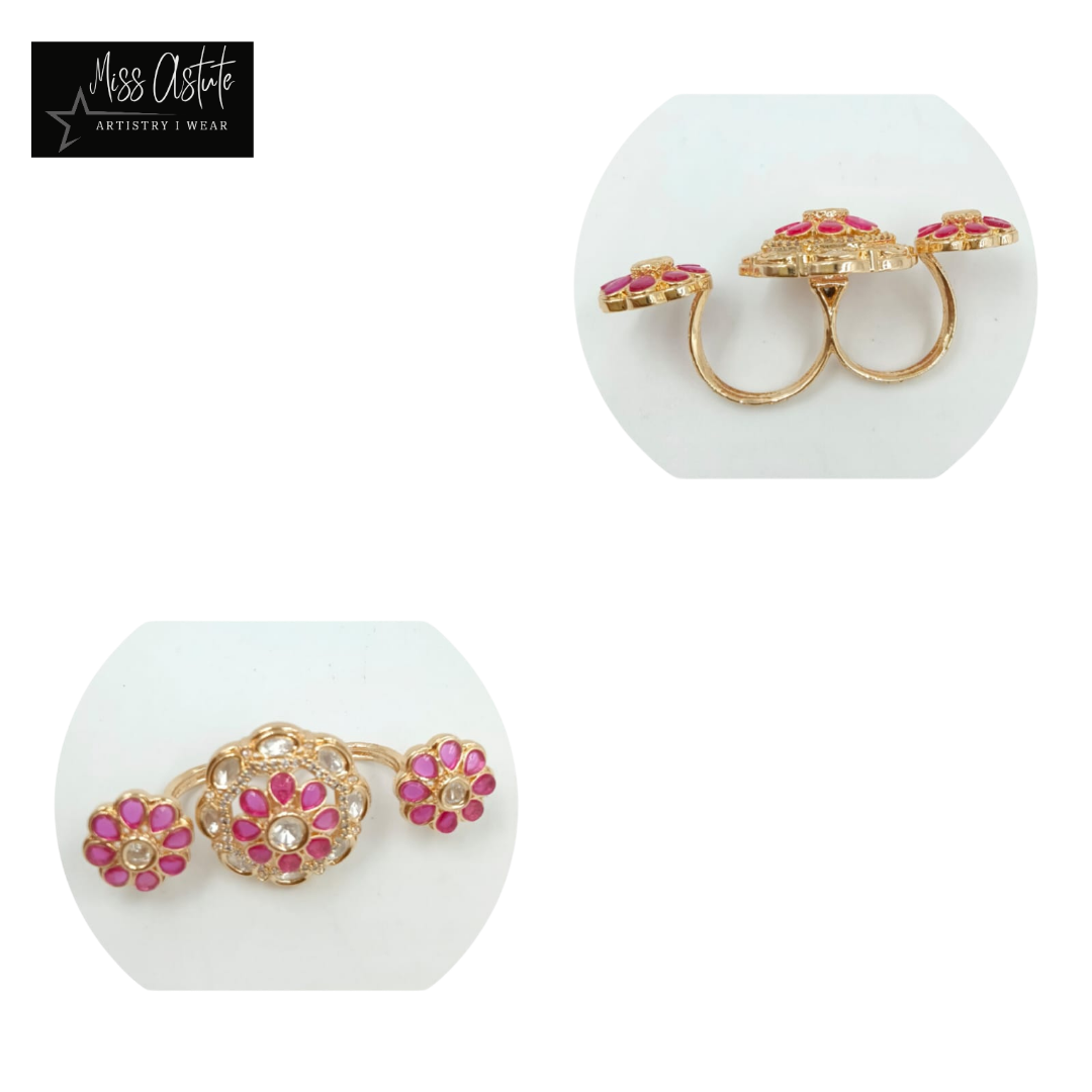 Exquisite Floral Pink Kundan Double Finger Ring