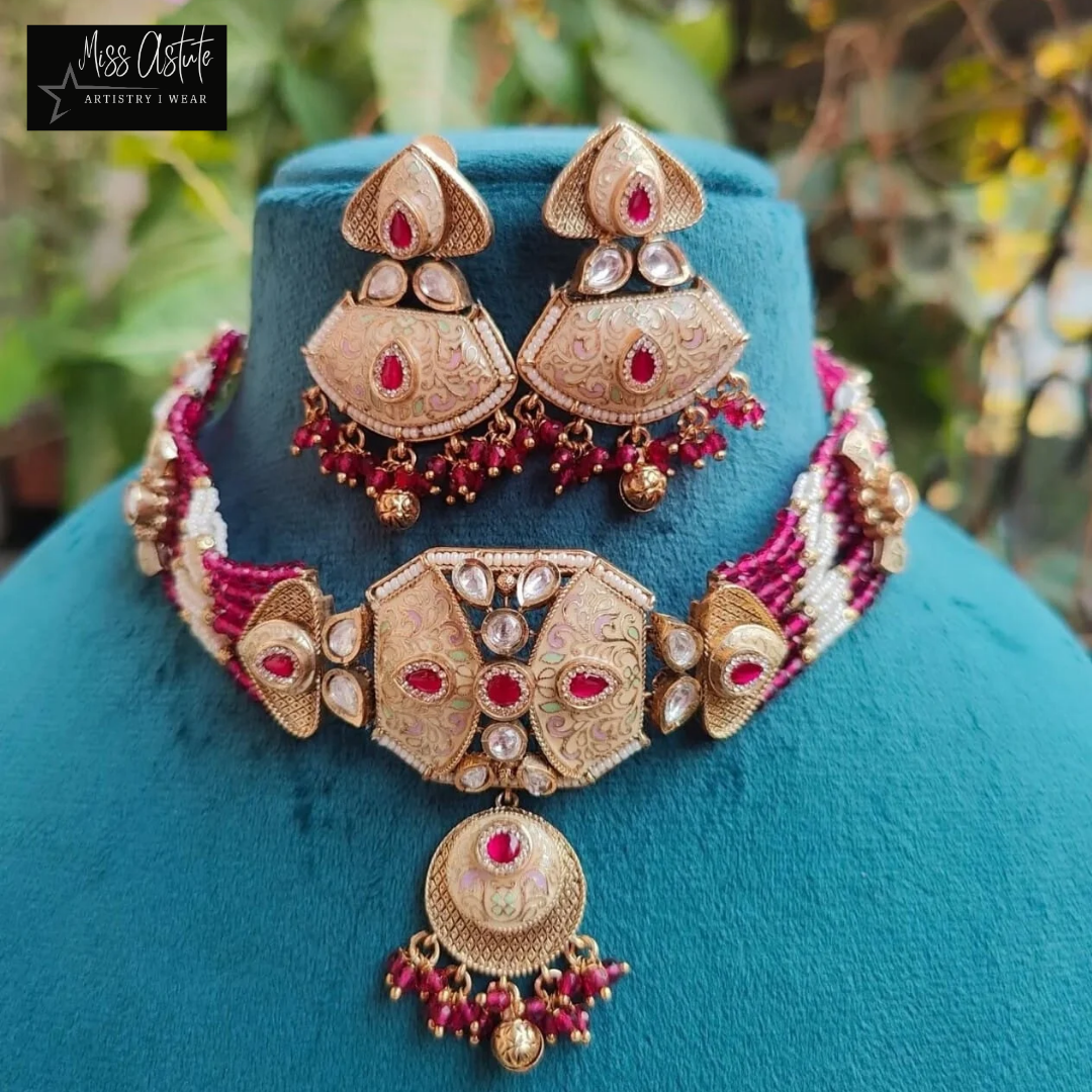 Exquisite Meenakari Choker Necklace Set with Kundan and Pearl Detailing