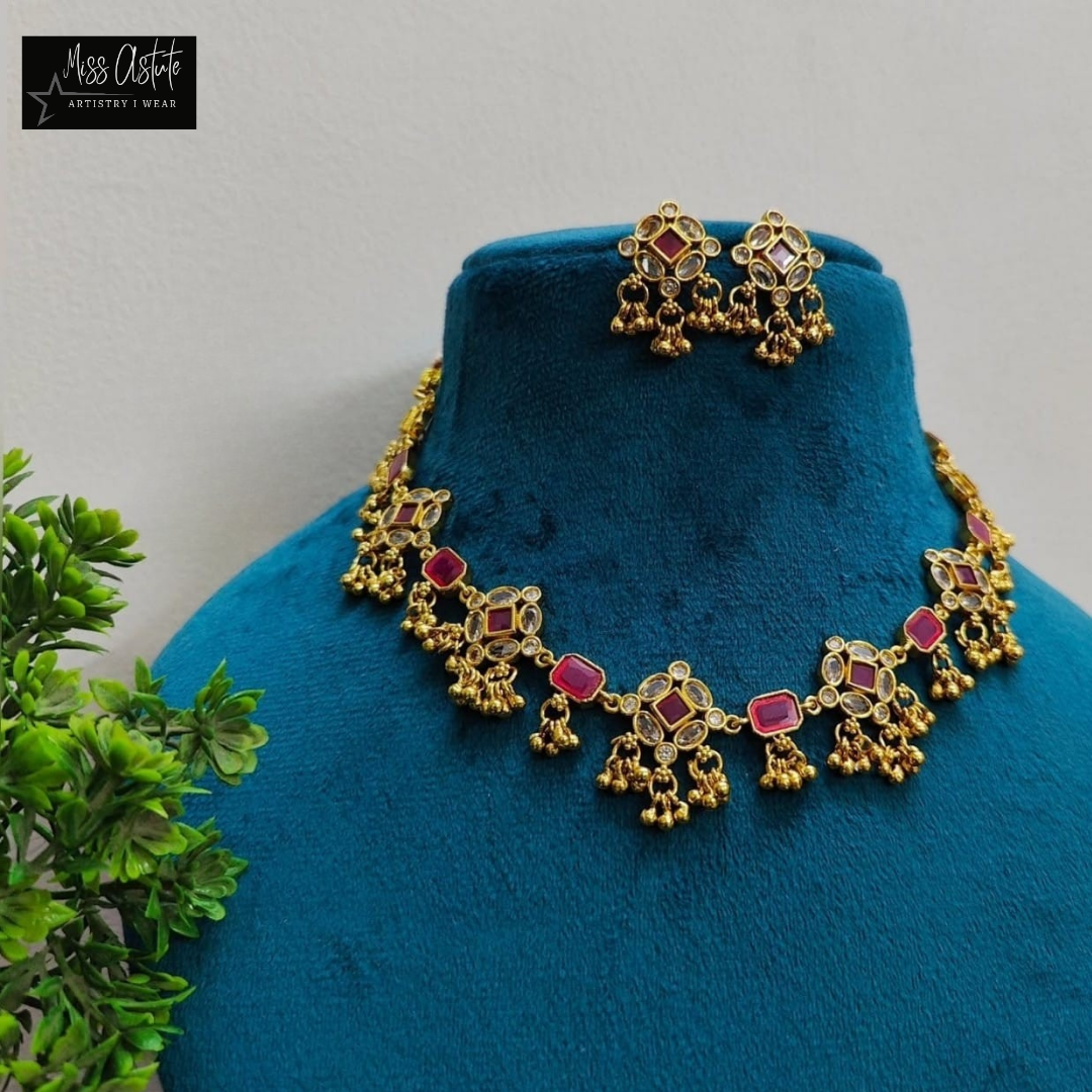 Ruby and Gold Jhumka Necklace Set