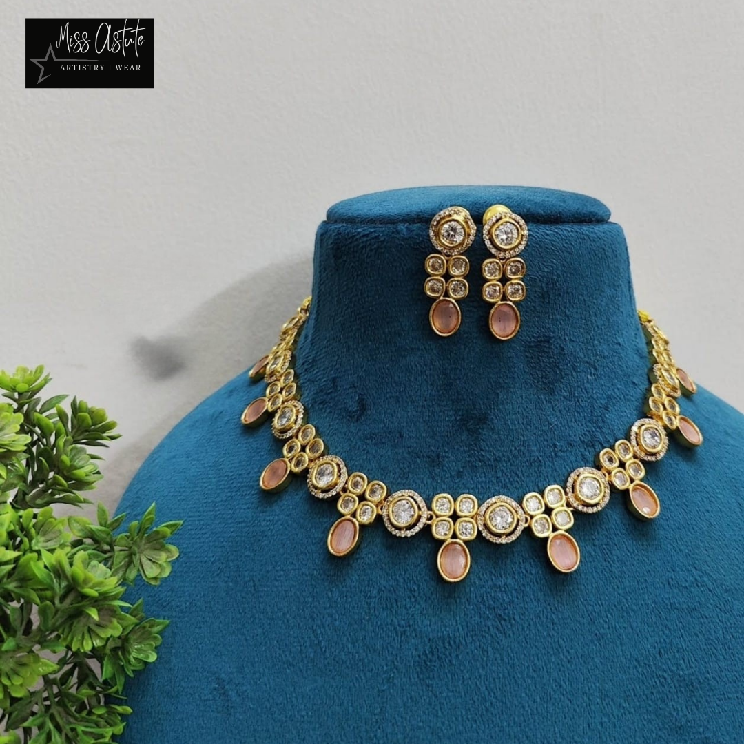 Gold-Plated Pink Stone and Crystal Necklace Set