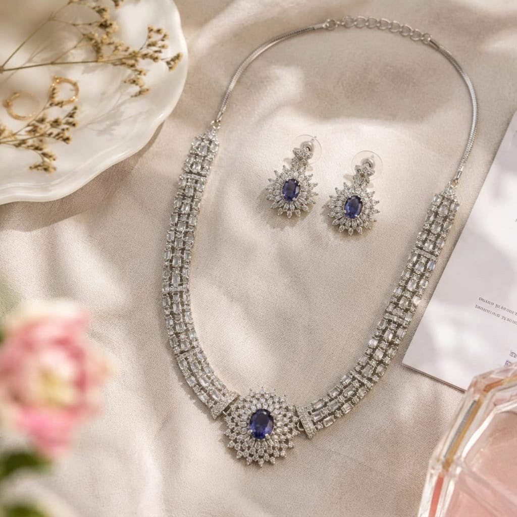 AAA American Diamond Filigree Lace Jaal Necklace Set | Rhodium Plated Brass CZ Bridal Jewellery Set | Statement AD Necklace with Earrings