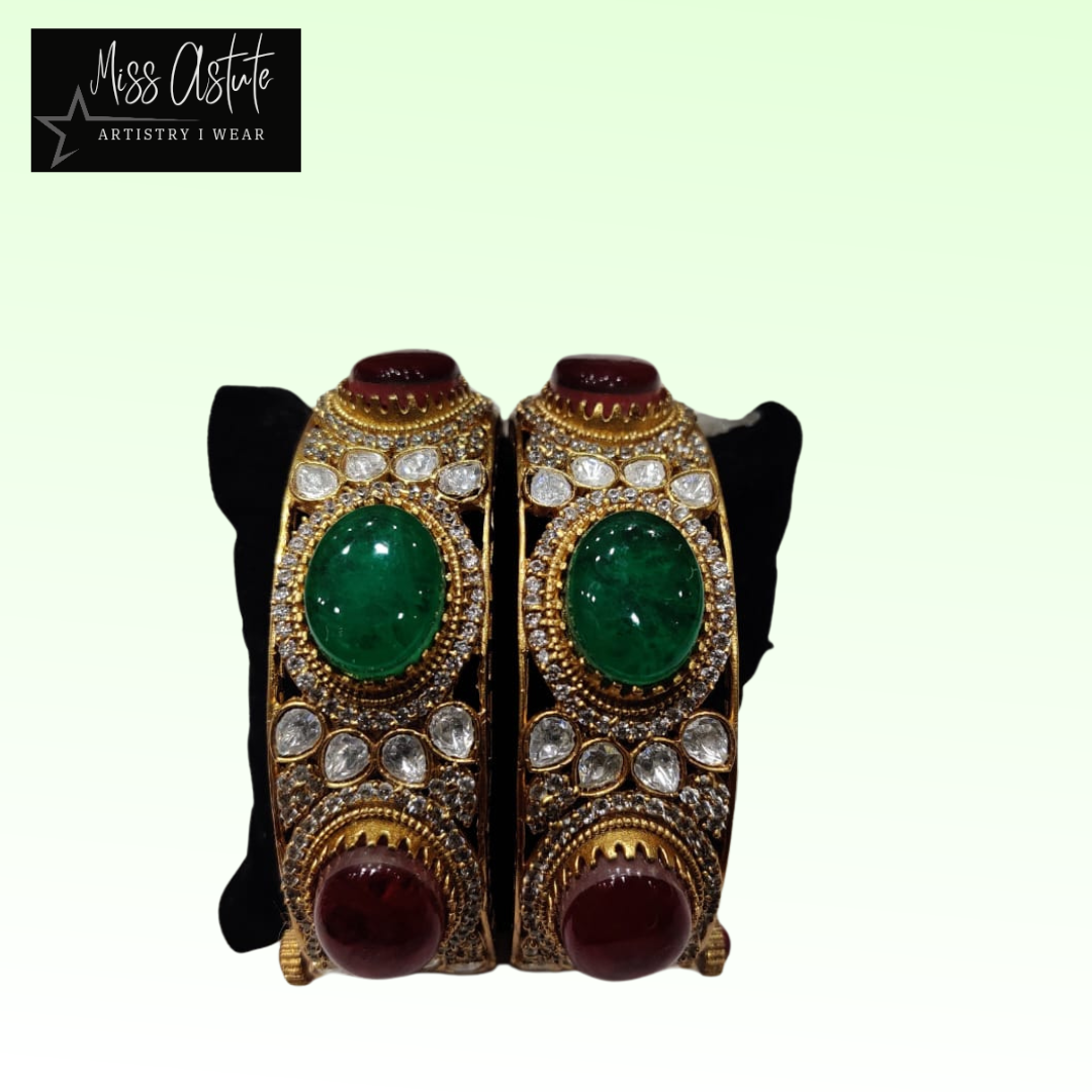 Green and Red Kundan Heritage Bangles