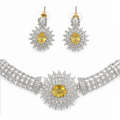 AAA American Diamond Filigree Lace Jaal Necklace Set | Rhodium Plated Brass CZ Bridal Jewellery Set | Statement AD Necklace with Earrings