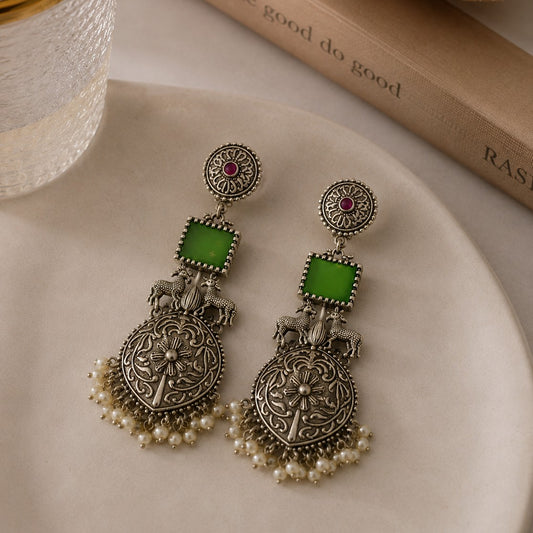 Deer Motif Stone Jhumka Long Dangler Earrings | Oxidised Silver Plated Brass Ethnic Earrings | Temple Folk Jewellery for Women