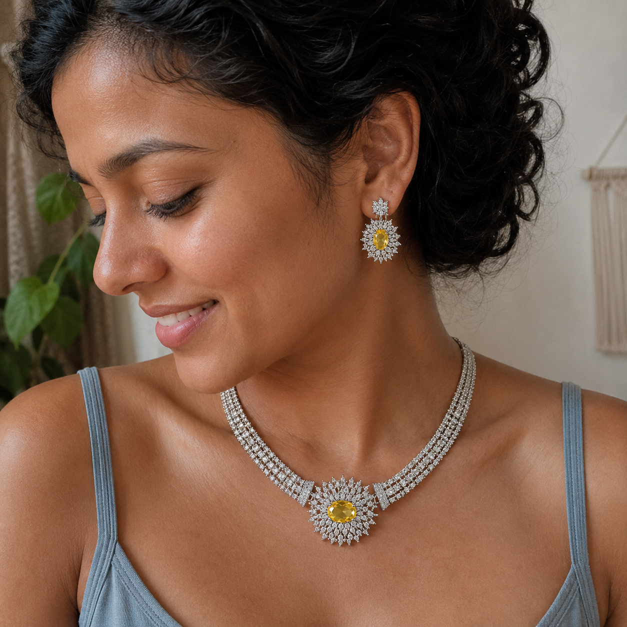 AAA American Diamond Filigree Lace Jaal Necklace Set | Rhodium Plated Brass CZ Bridal Jewellery Set | Statement AD Necklace with Earrings