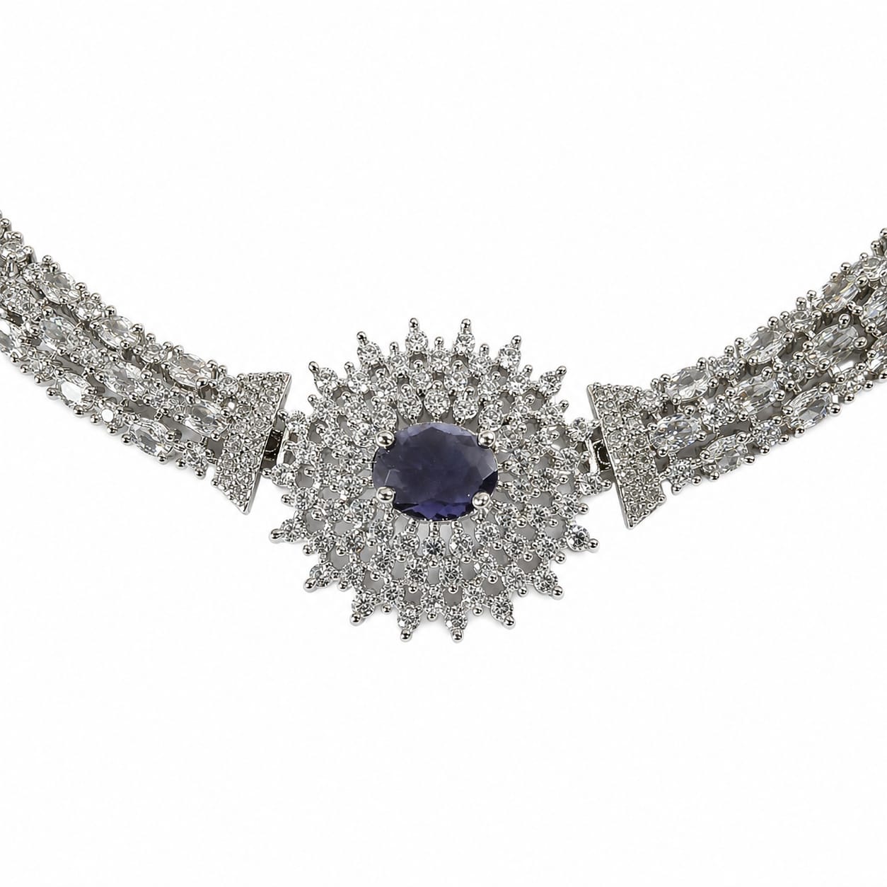 AAA American Diamond Filigree Lace Jaal Necklace Set | Rhodium Plated Brass CZ Bridal Jewellery Set | Statement AD Necklace with Earrings