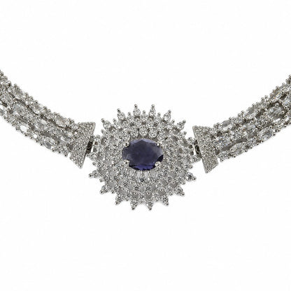 AAA American Diamond Filigree Lace Jaal Necklace Set | Rhodium Plated Brass CZ Bridal Jewellery Set | Statement AD Necklace with Earrings