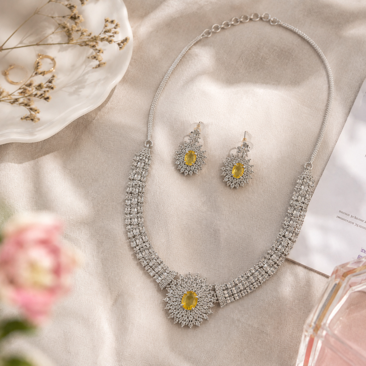 AAA American Diamond Filigree Lace Jaal Necklace Set | Rhodium Plated Brass CZ Bridal Jewellery Set | Statement AD Necklace with Earrings