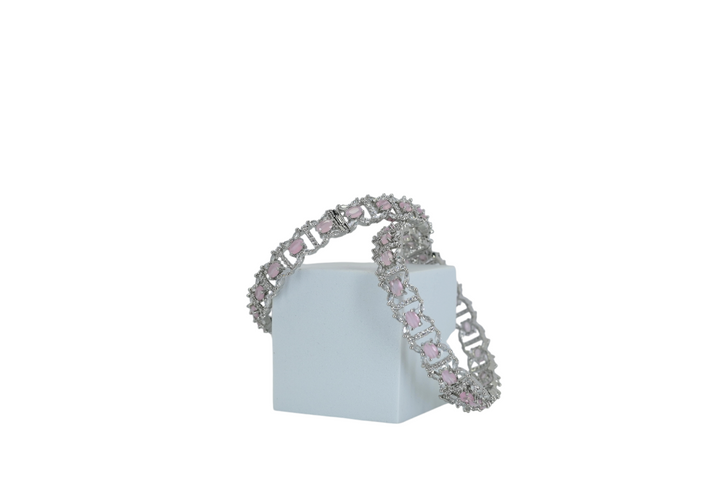 Rhodium-Plated Pink Stone and American Diamond Bangles (Pair of 2)