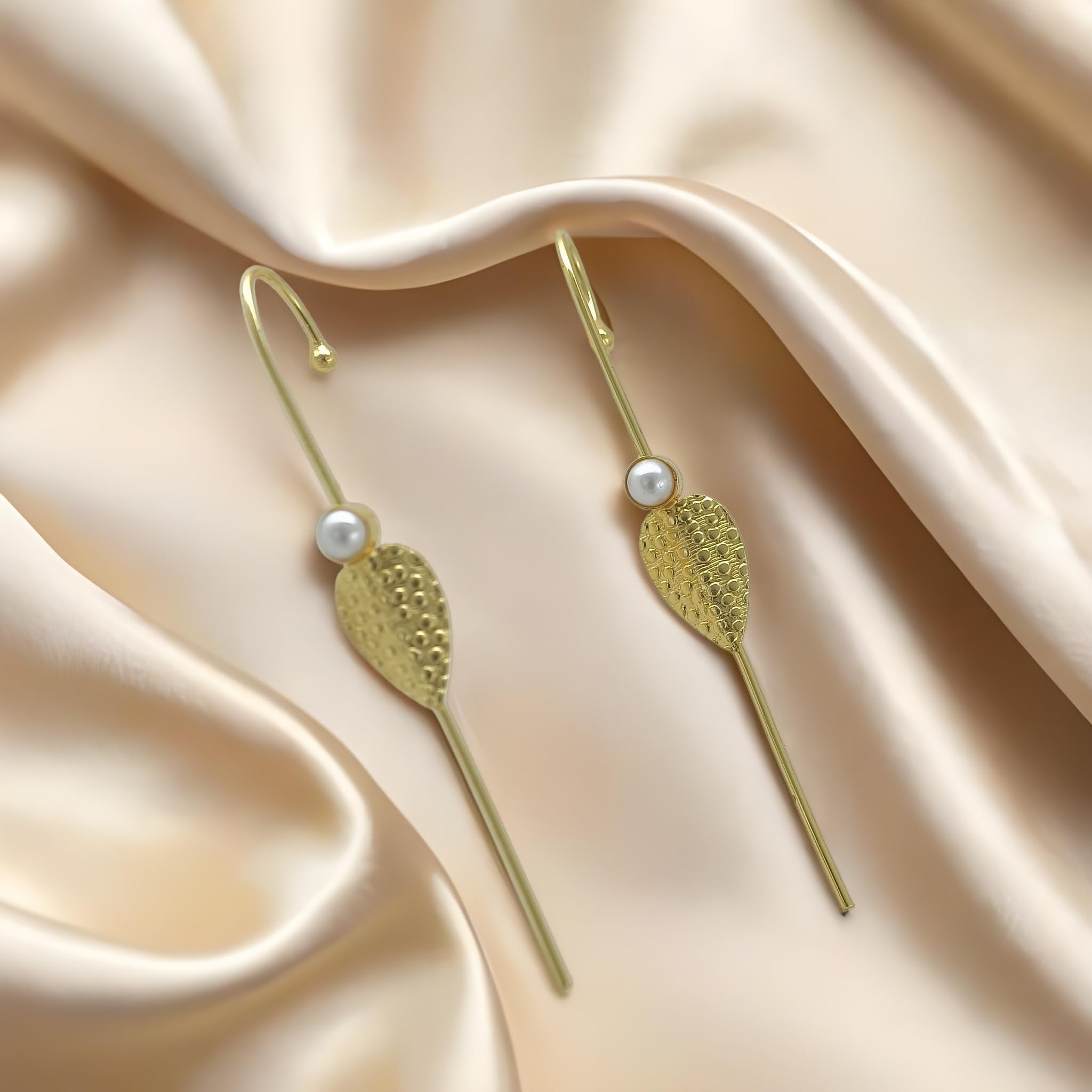 Gulmohar Drip – Leaf & Pearl Needle Earcuffs