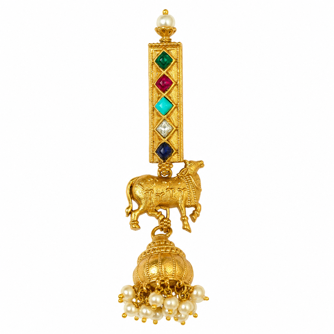 Kamdhenu Cow Navratna Bar Jhumka Long Dangler Earrings | Gold Plated Brass Temple Jewellery | Multicolour Stone Earrings for Women