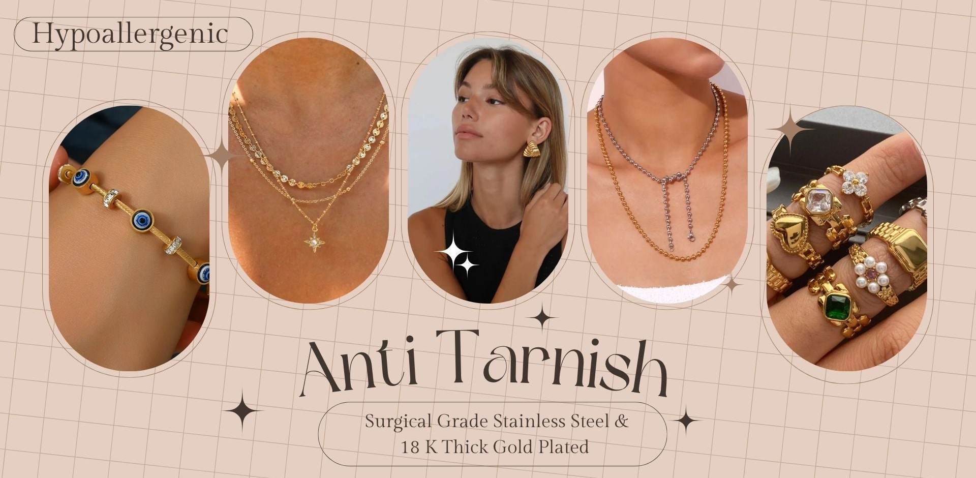 Jewelry display with necklaces and bracelets, highlighting hypoallergenic and anti-tarnish features.slider_item_Mpgaqd