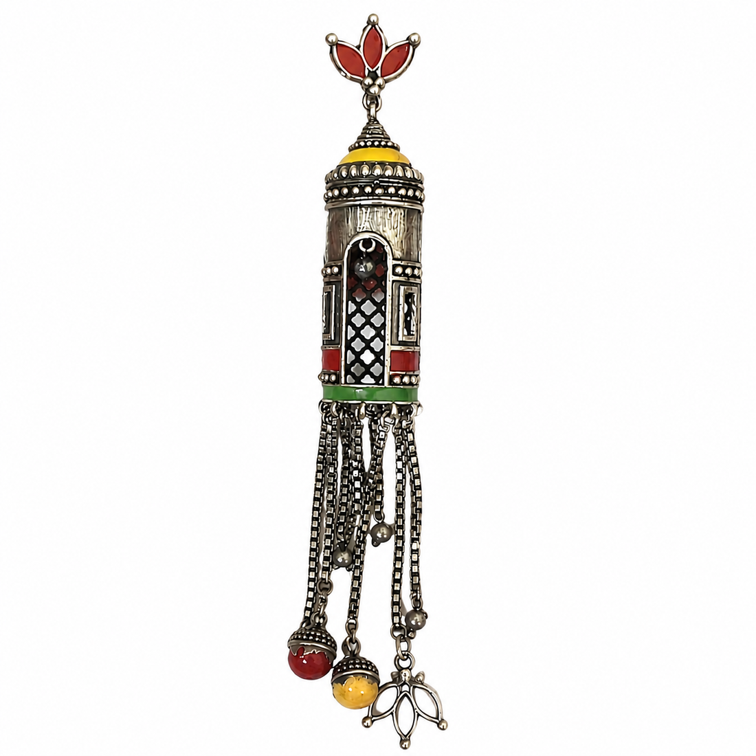 Enamel Cylinder Tassel Long Dangler Earrings | Oxidised Silver Plated Brass Meenakari Earrings | Tribal Boho Statement Earrings
