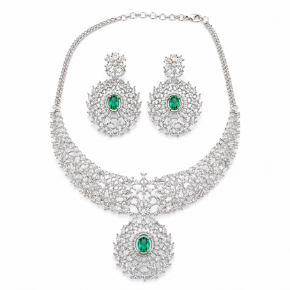 AAA American Diamond Classic CZ Cluster Choker Necklace Set | Rhodium Plated Brass Bridal Jewellery Set | AD Necklace with Earrings