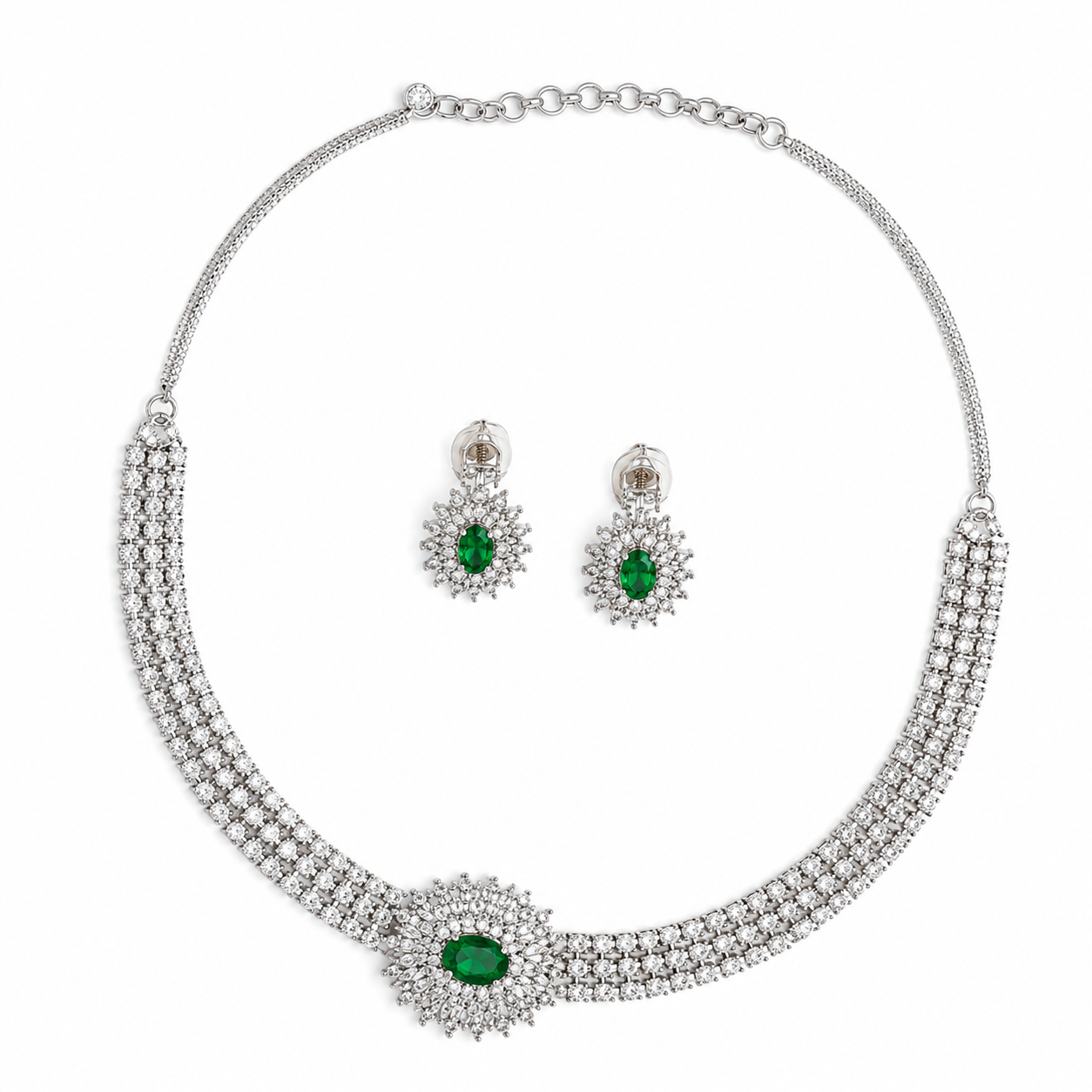 AAA American Diamond Filigree Lace Jaal Necklace Set | Rhodium Plated Brass CZ Bridal Jewellery Set | Statement AD Necklace with Earrings