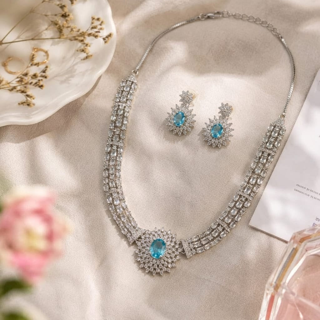 AAA American Diamond Filigree Lace Jaal Necklace Set | Rhodium Plated Brass CZ Bridal Jewellery Set | Statement AD Necklace with Earrings
