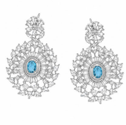 AAA American Diamond Classic CZ Cluster Choker Necklace Set | Rhodium Plated Brass Bridal Jewellery Set | AD Necklace with Earrings