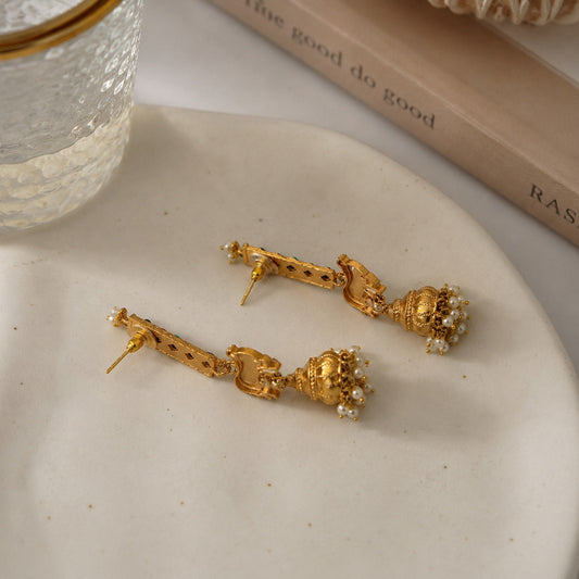 Kamdhenu Cow Navratna Bar Jhumka Long Dangler Earrings | Gold Plated Brass Temple Jewellery | Multicolour Stone Earrings for Women