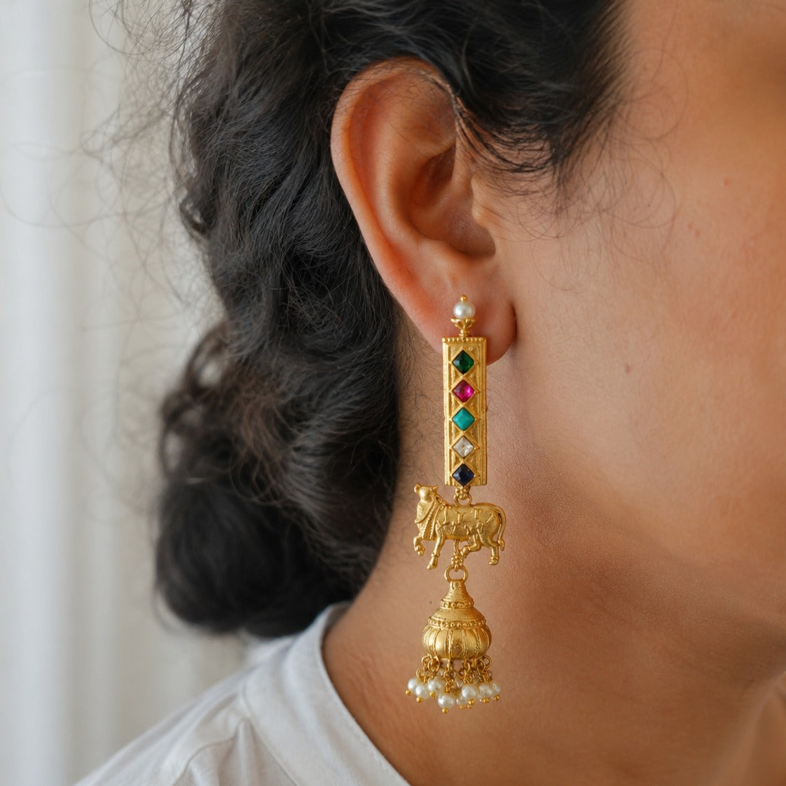 Kamdhenu Cow Navratna Bar Jhumka Long Dangler Earrings | Gold Plated Brass Temple Jewellery | Multicolour Stone Earrings for Women
