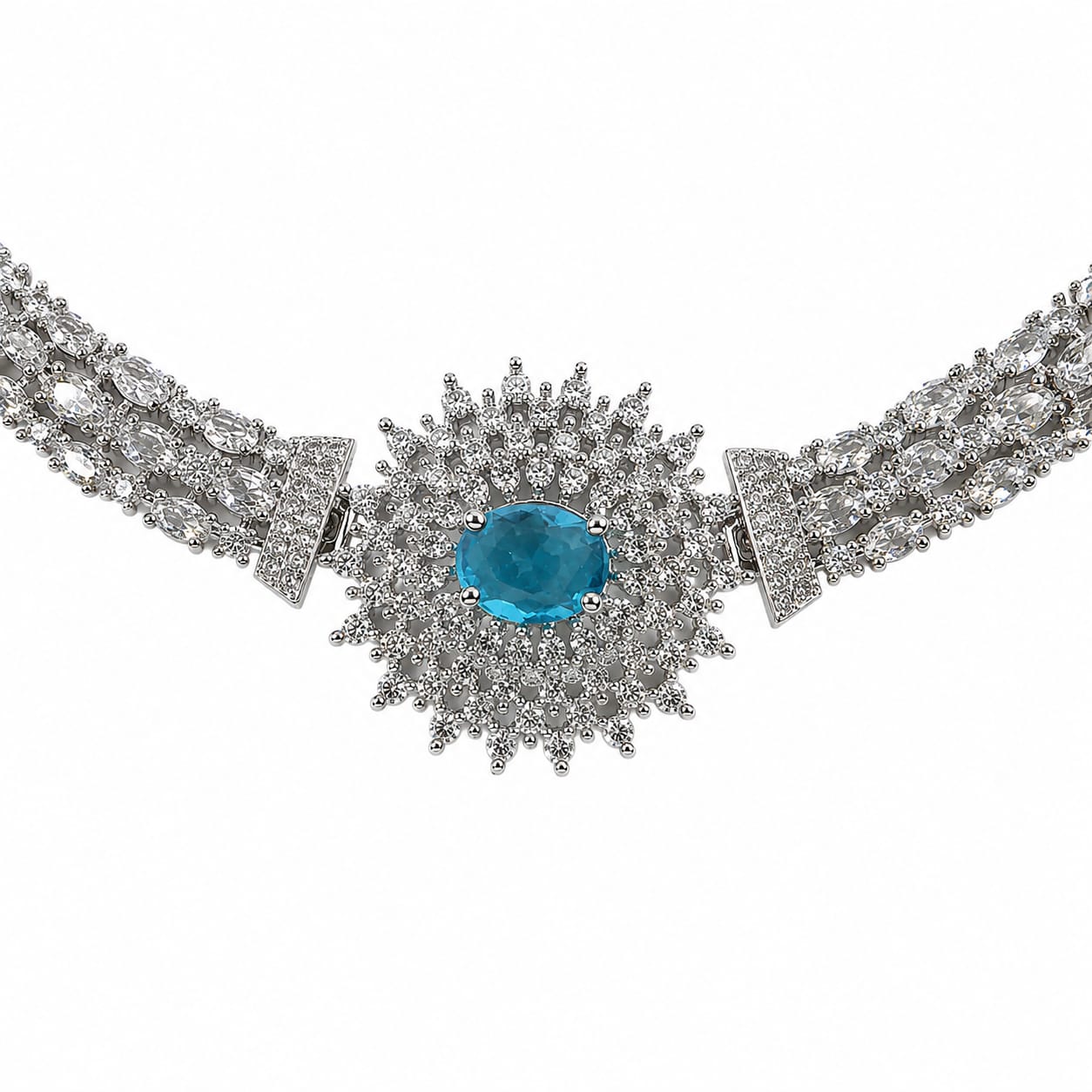 AAA American Diamond Filigree Lace Jaal Necklace Set | Rhodium Plated Brass CZ Bridal Jewellery Set | Statement AD Necklace with Earrings